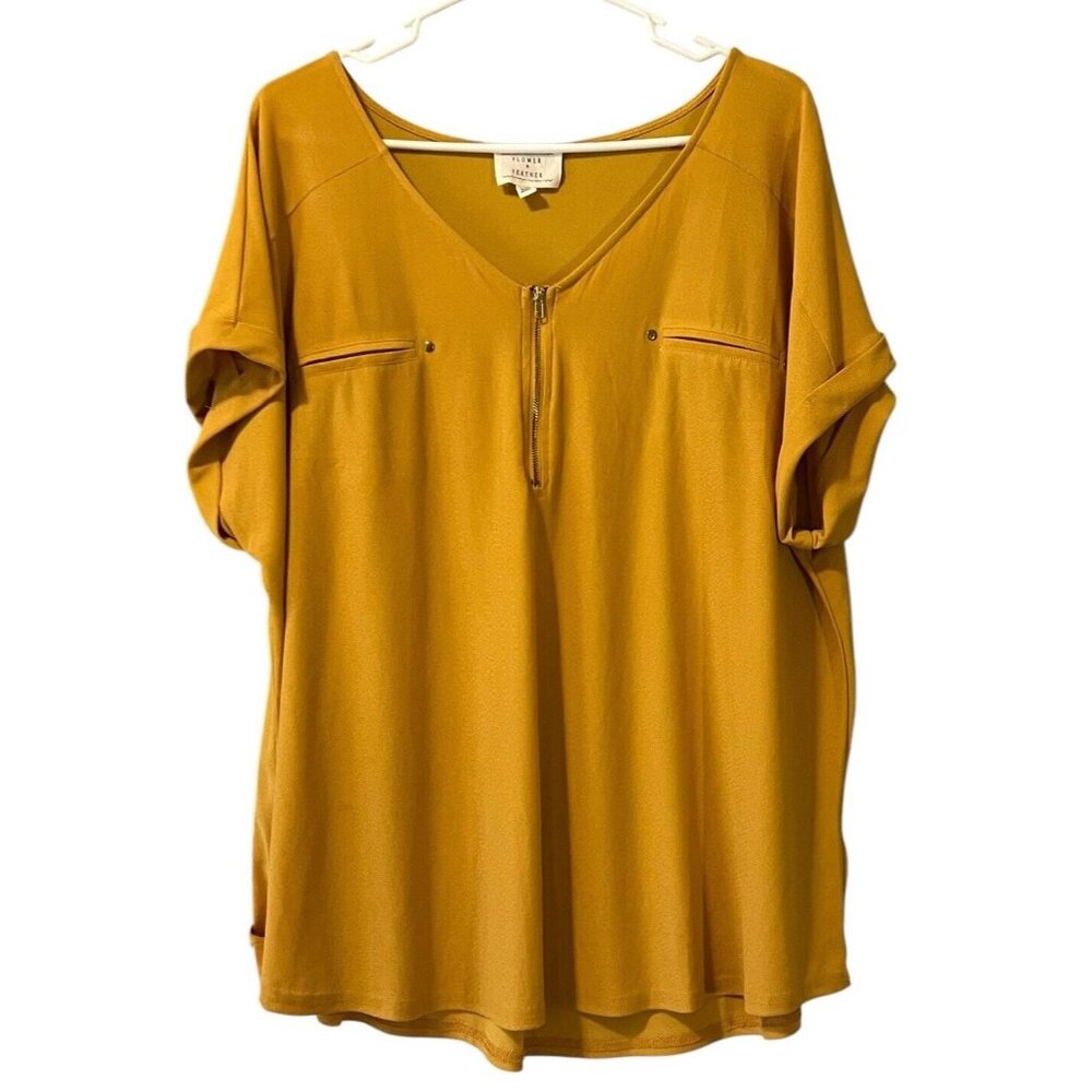 Anthropologie Flower & Feather Sz 3XL Plus Short-Sleeve Blouse‎ Top Zip Pockets